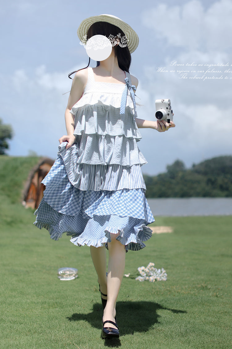 Blue Go To The Beach Multi-Layered Print Ruffle Holiday Sweet Lolita Jsk Dress