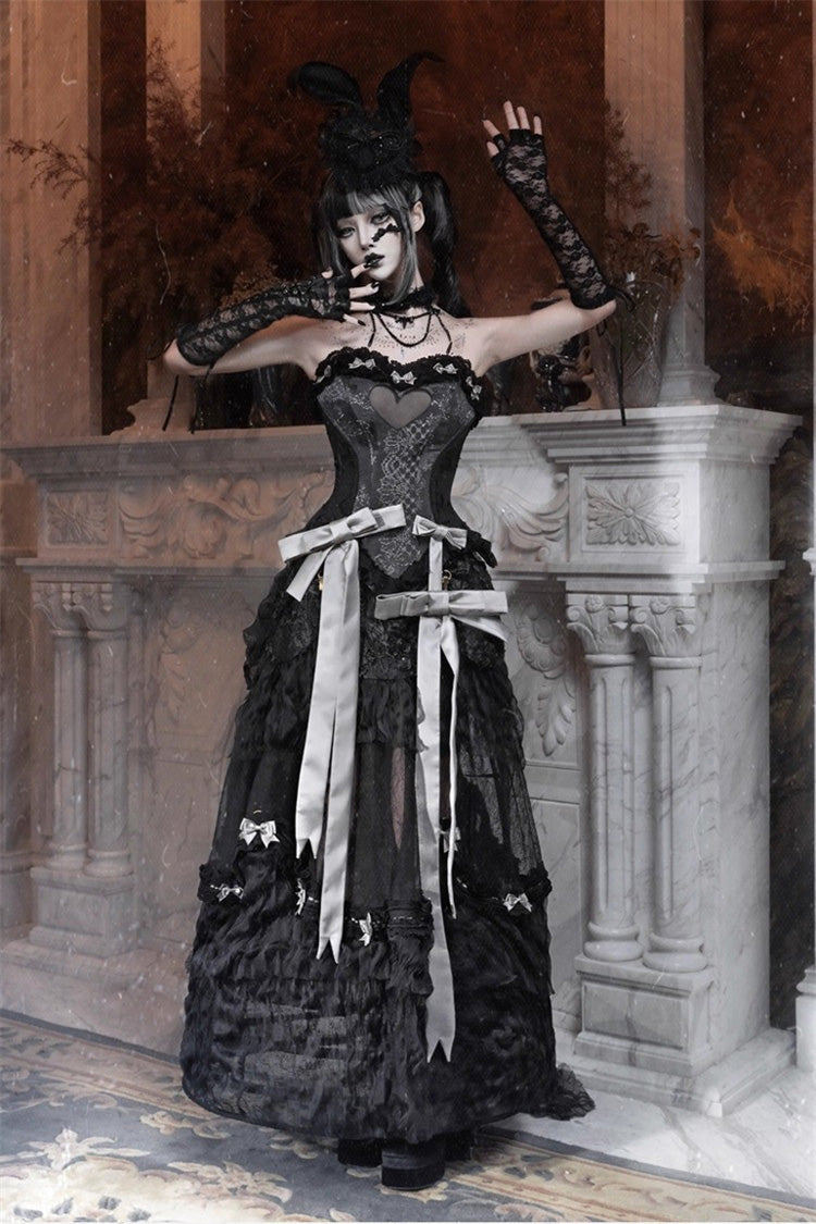 Black Cupid's Magic Box Basel French Ruffle Embroidery Bowknot Lace Gothic Elegant Lolita Long Skirt