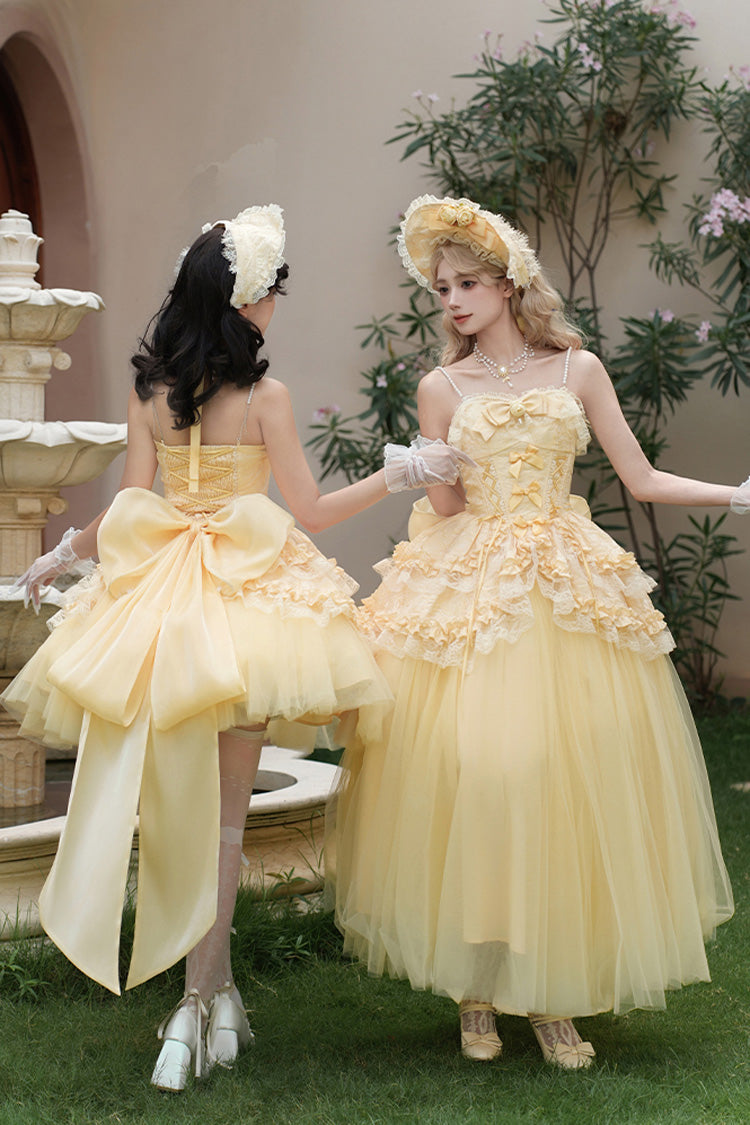Yellow Sissi's Pilgrimage Off Shoulder Ruffle Bowknot Lace Sweet Lolita Skirt (Long Version)