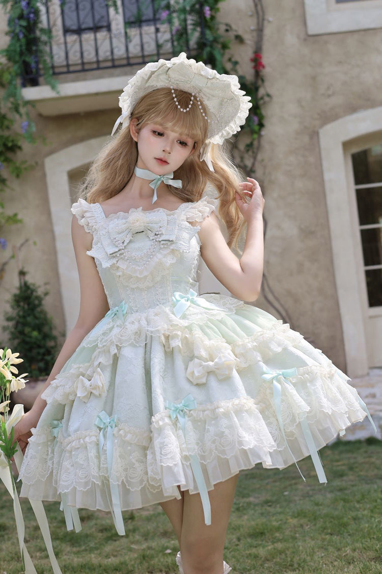 Green Blossoming Heart Love  Sleeveless Dark Jacquard Print Bowknot Lace Sweet Lolita Jsk Dress