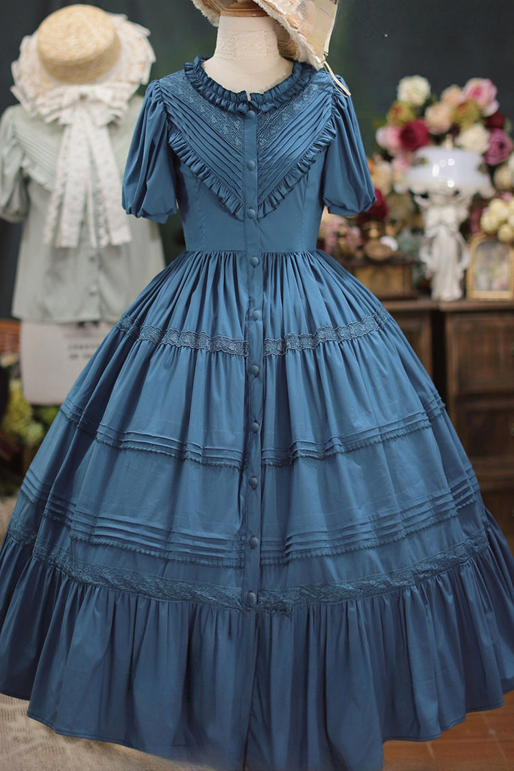Elegant Cardigan Round Neck Short Sleeves Ruffle One Piece Sweet Lolita Dress 8 Colors