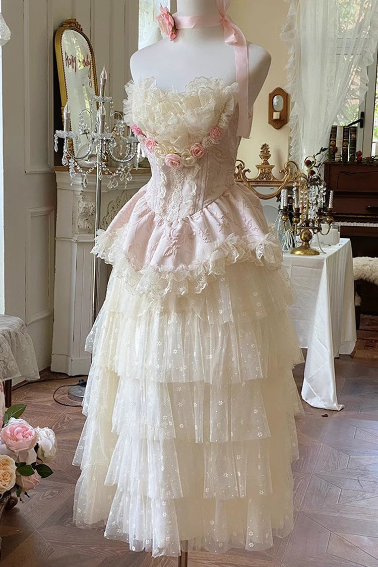 Pink Flower Goddess of Love Ruffle Bowknot Lace Sweet Elegant Lolita Maxi Skirt Dress Set