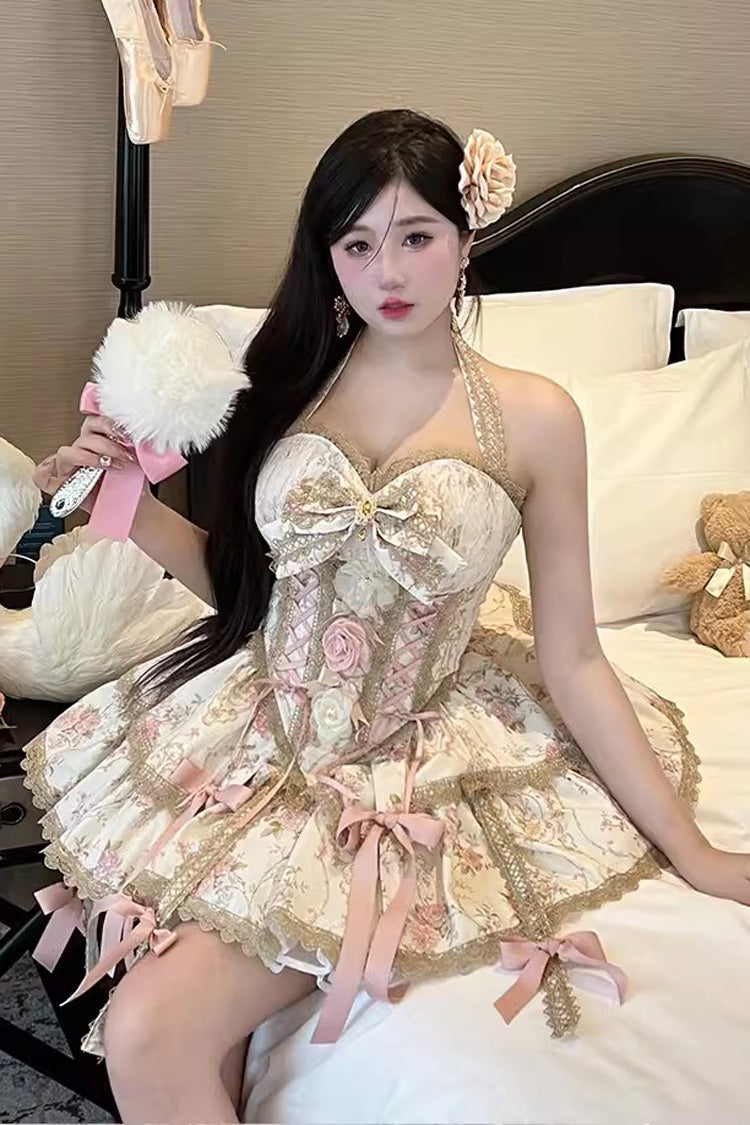 Champagne Halterneck Rich Flower Bowknot Lace-Up Sweet Gorgeous Lolita Skirt Dress Set