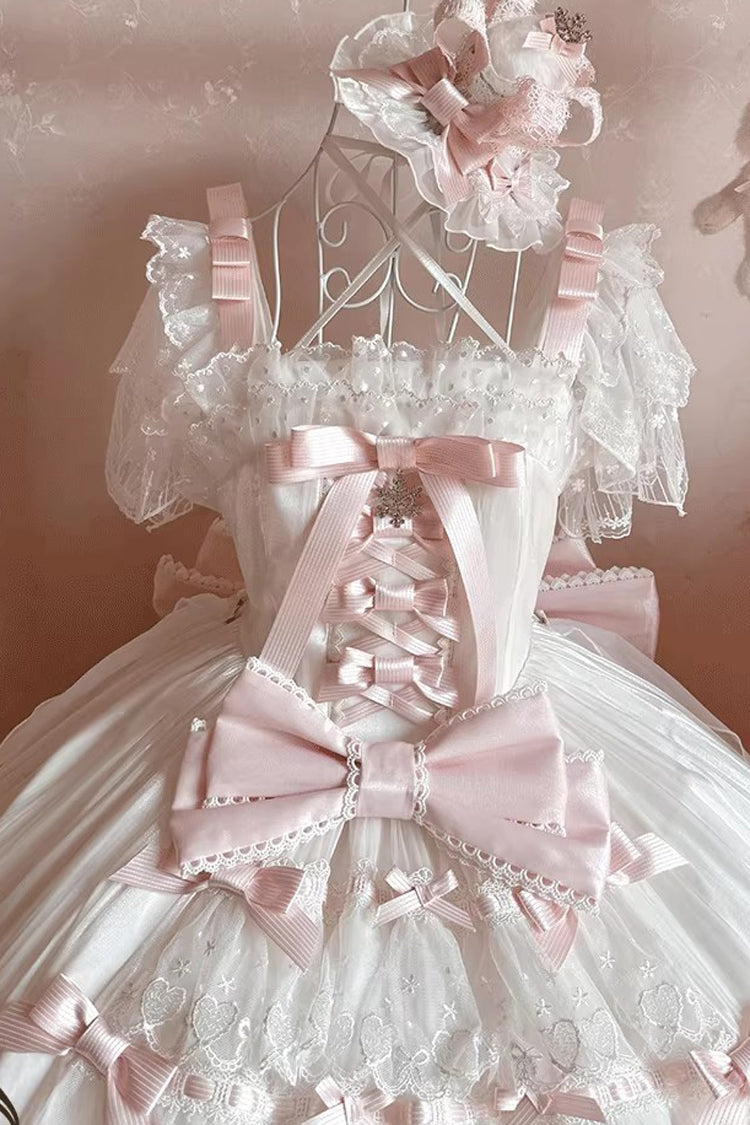 White/Pink Snow of Love Ruffled Hanayome Open-Front Bow Lace Sweet Princess Lolita Dress