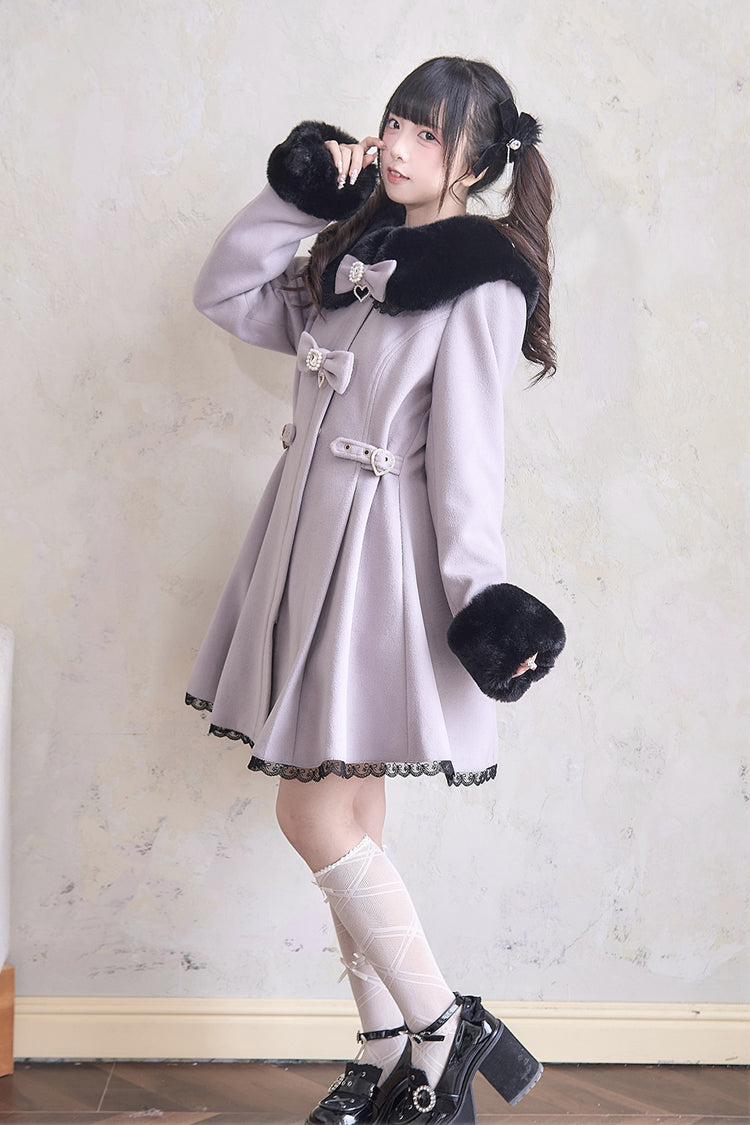 Sweet Plush Collar Waist-cinched Long Sleeves Bowknot Lace Japanese Lolita Coat 4 Colors
