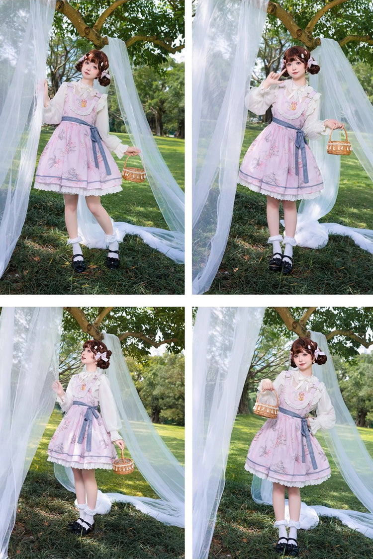 Pink Lily of the Valley Rabbit Sleeveless Print Ruffle Bowknot Daily Sweet Lolita Strap Dress