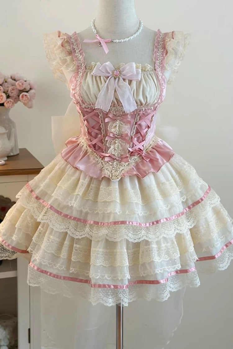Pink Girl Love Double-Layered Bowknot Lace Sweet Ballet Lolita Skirt Set