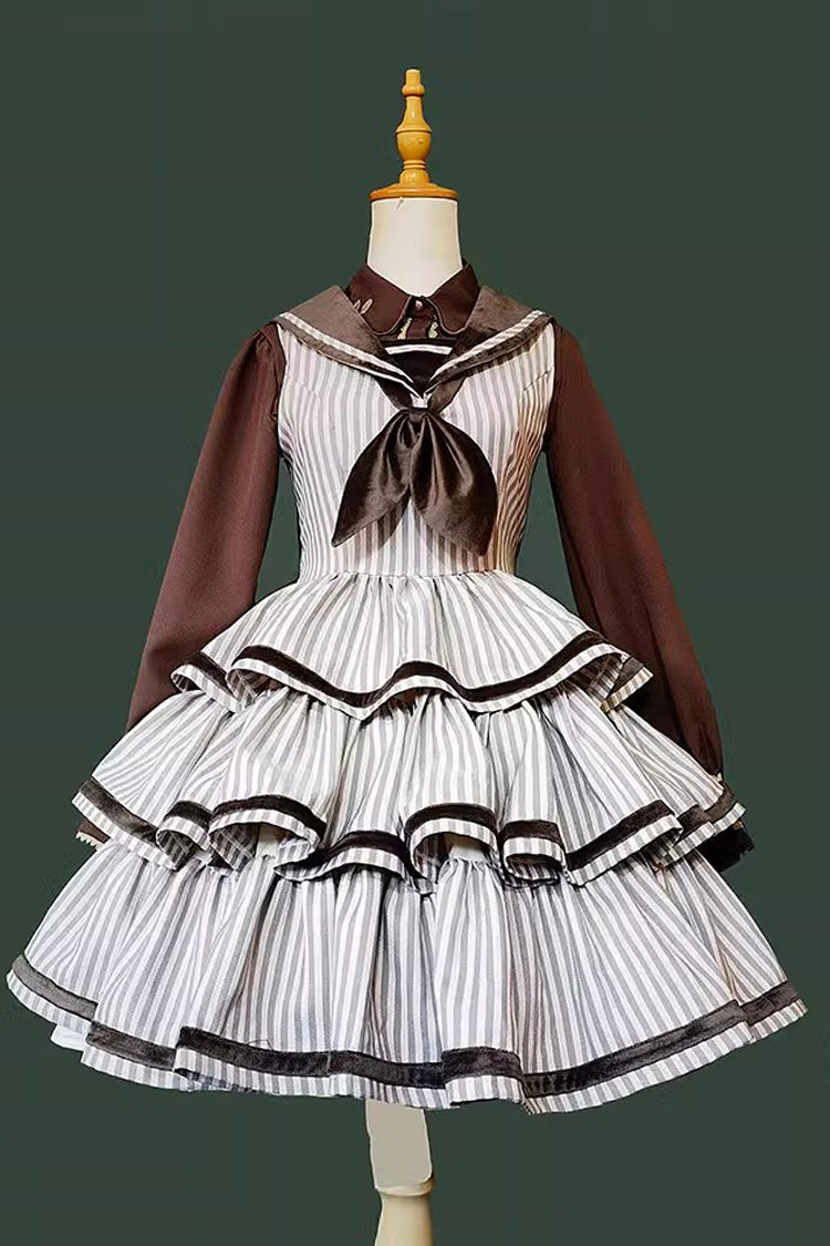 From the Other Side Sleeveless Triple-Layered Vertical Stripes Print Print Ruffle Bowknot Sweet College Style Lolita Jsk Dress