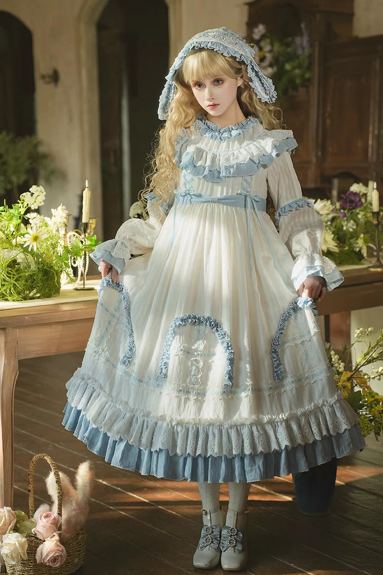 Blue Twin Lilian Round Collar Long Sleeves Double-Layered Ruffled Bow Lace-Up Sweet Lolita Dress
