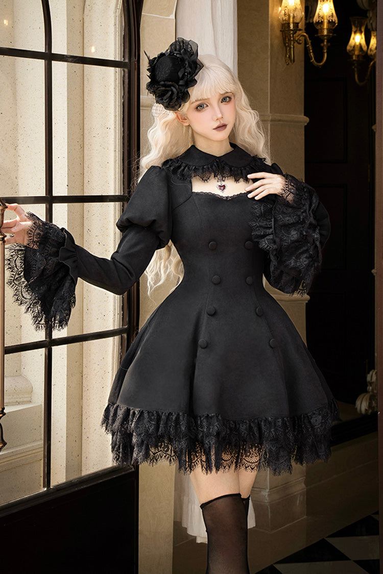 Black Midnight Whisper Double-breasted Short Sleeves Hollow Gothic Lolita Dress