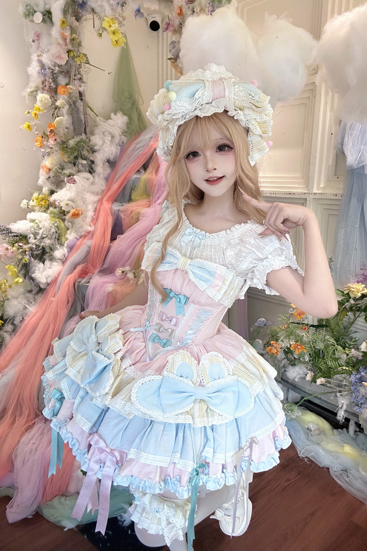 Multi-Color Ribbon Dance Multi-Layered Ruffle Bowknot Lace-Up Sweet Princess Lolita Dress