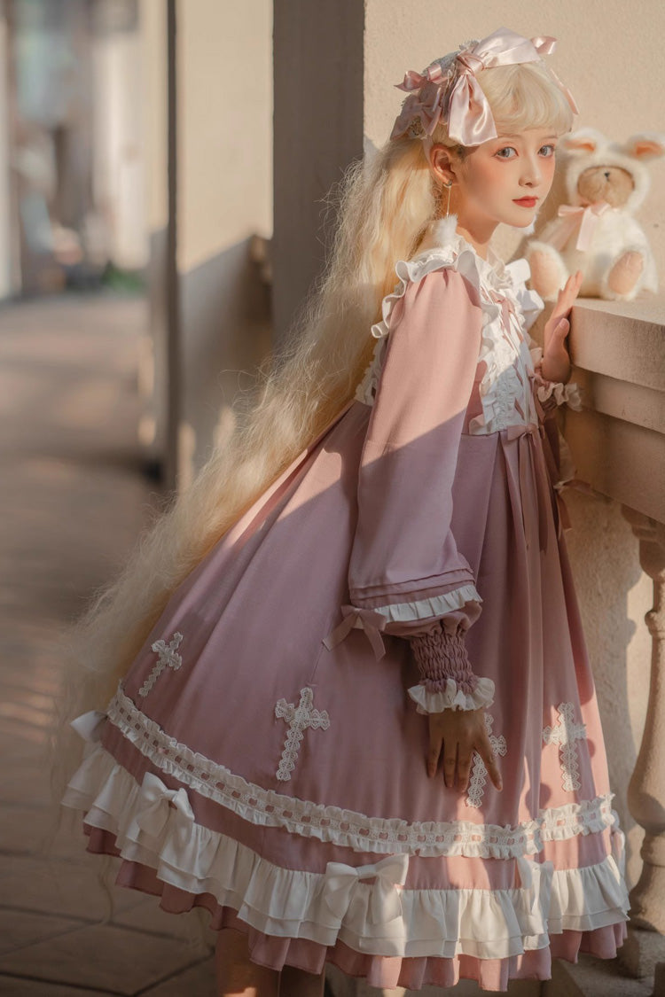 Pink Cross Wish Dream Long Sleeves Bowknot Lace-Up Sweet Lolita Tiered Dress