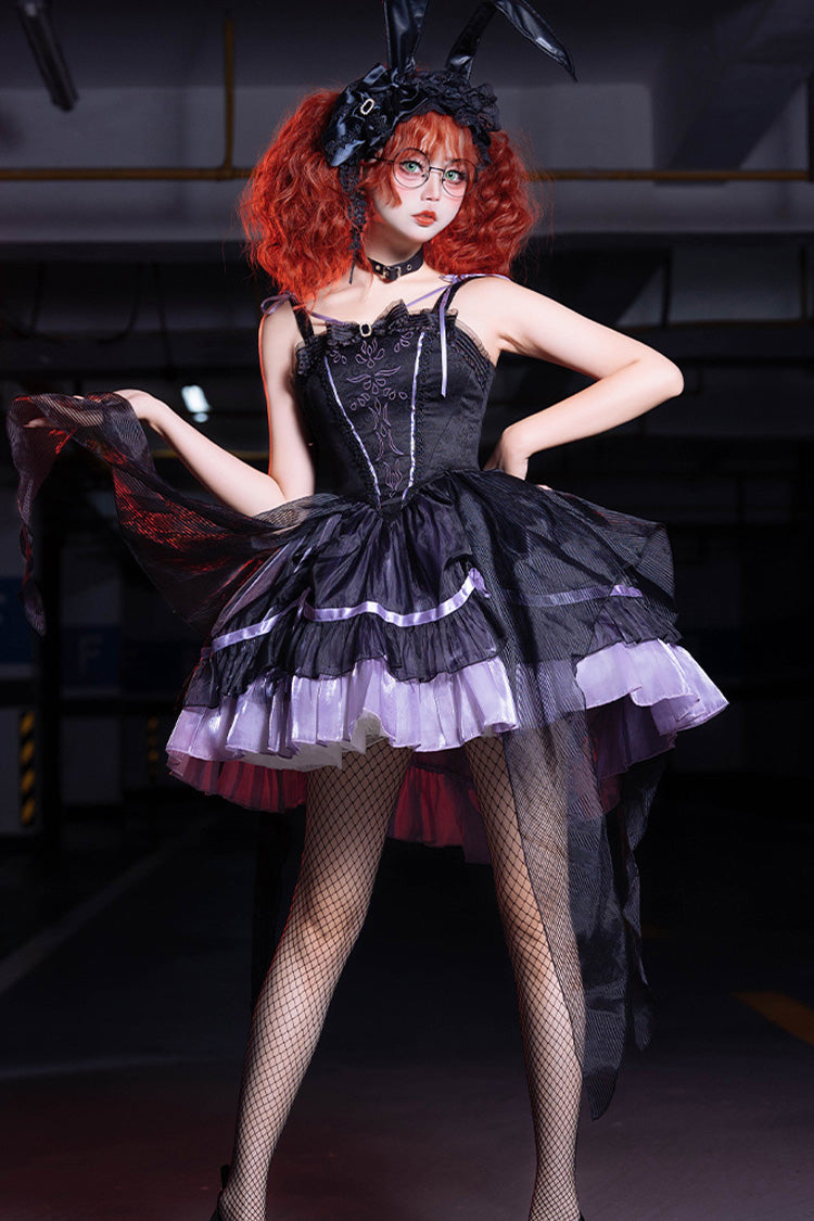 Black/Purple Devil Girl Print Ruffle Embroidery Gothic Lolita Jsk Dress