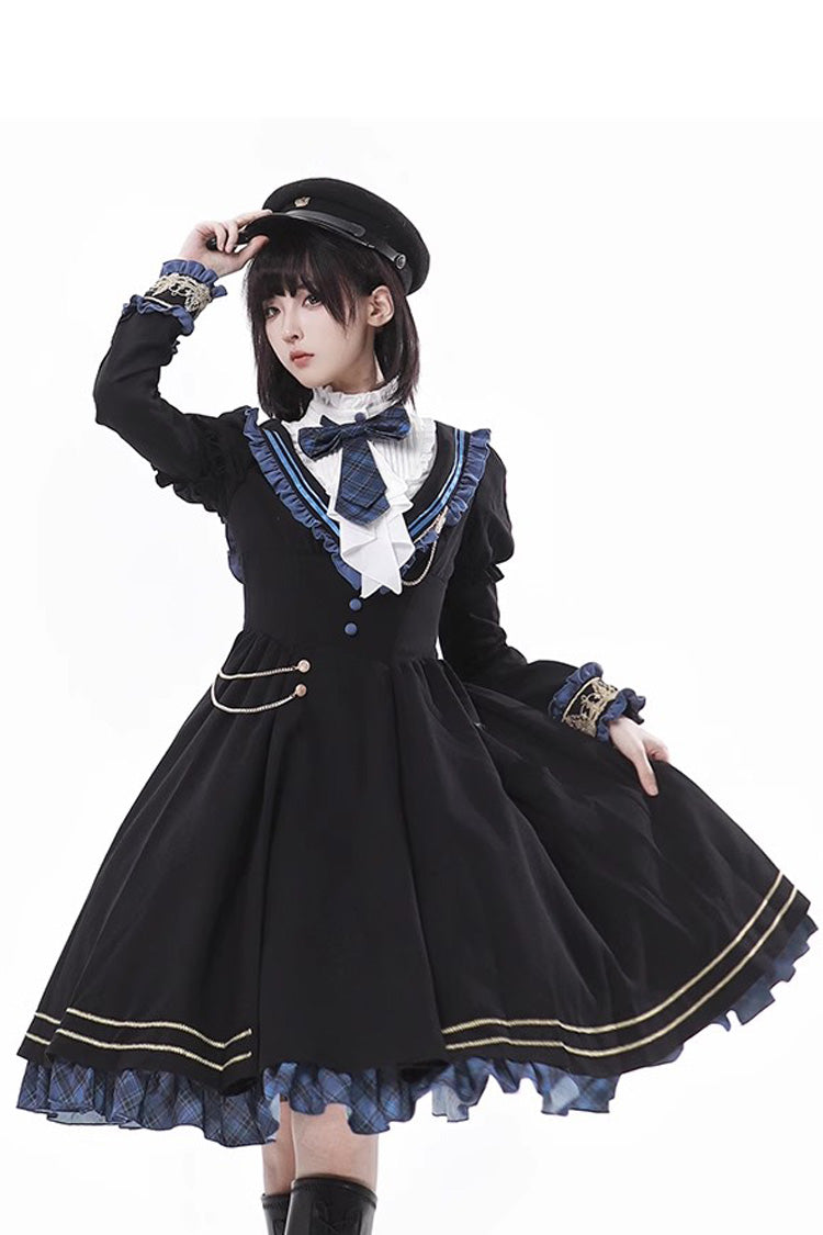Black Breaking Dawn Stand Collar Long Sleeves Ruffle Gothic College Style Elegant Lolita Dress