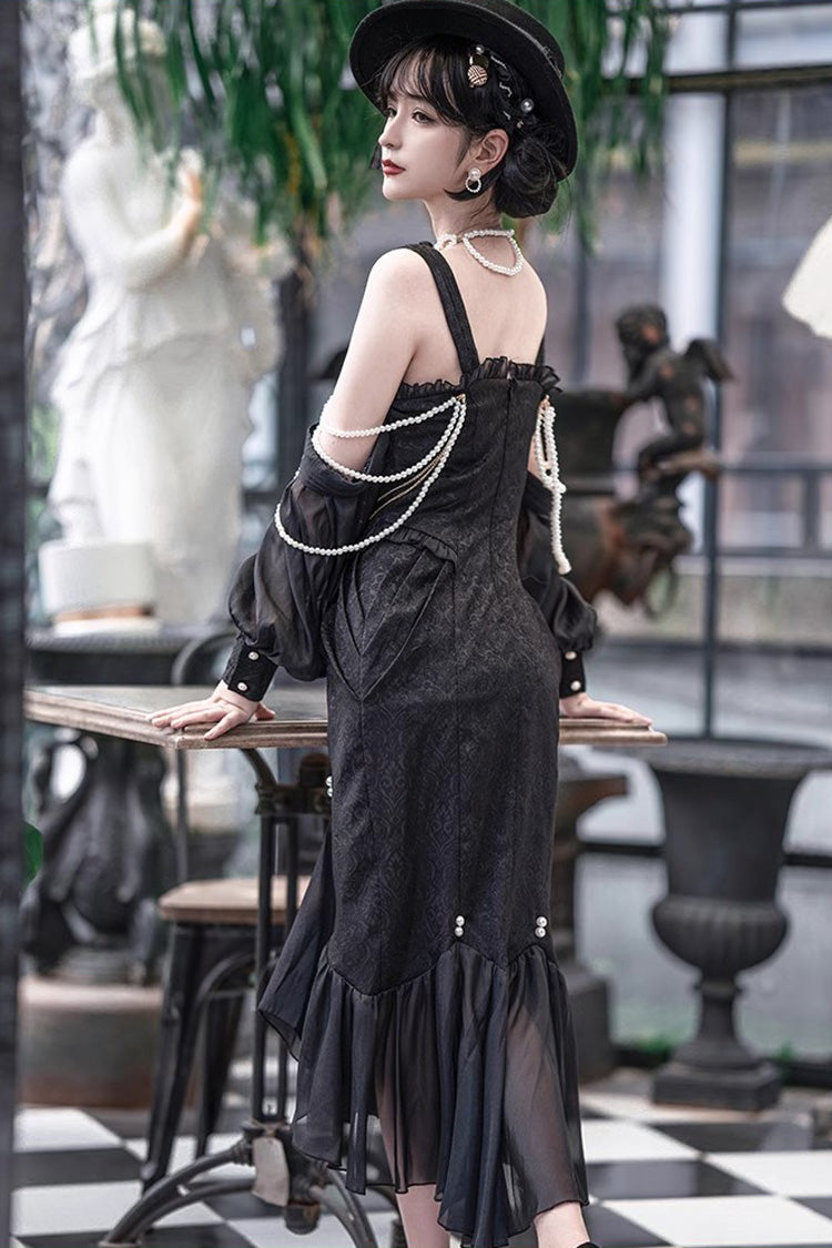Black Camellia 1.0 Sleeveless Jacquard Ruffle Lace Gothic Chinese Style Lolita Jsk Fishtail Dress