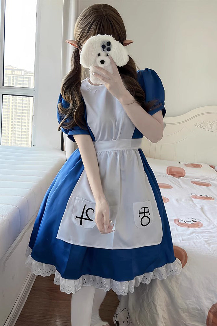 Blue/White Alice Madness Returns Short Sleeves Ruffle Sweet Plus Size Lolita Dress Full Set