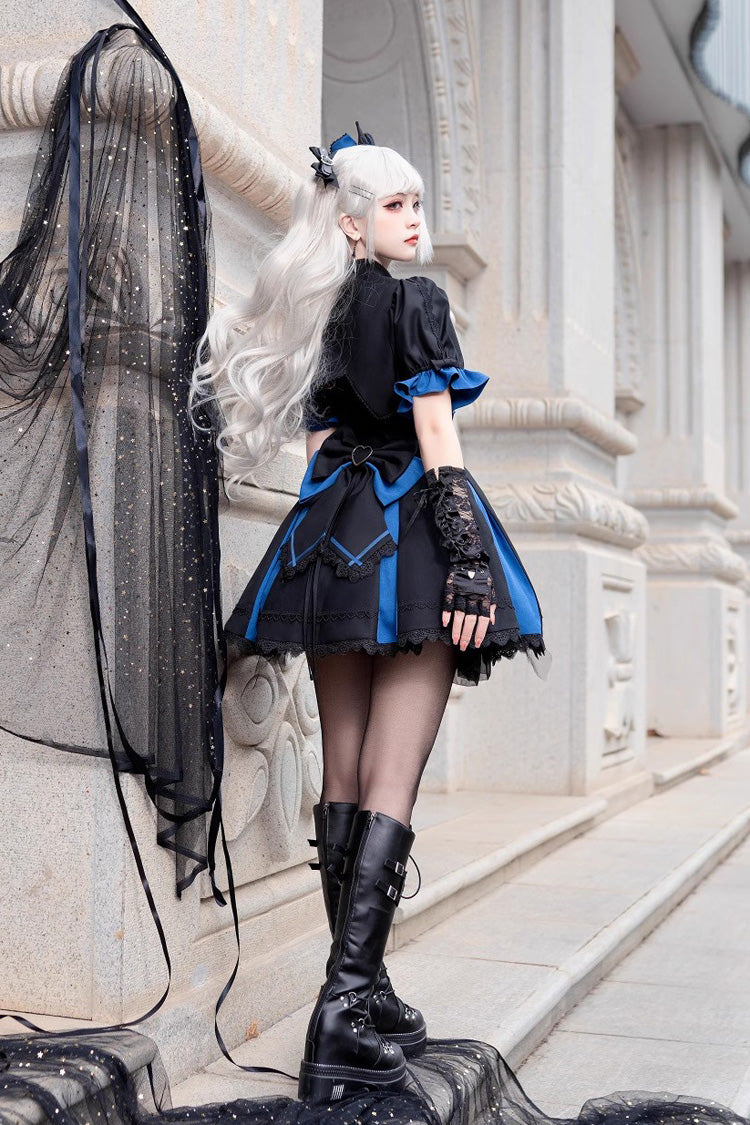 Black/Blue Night Liana Ruffle Bowknot Lace-Up Sweet Japanese Lolita Jumper Dress Set