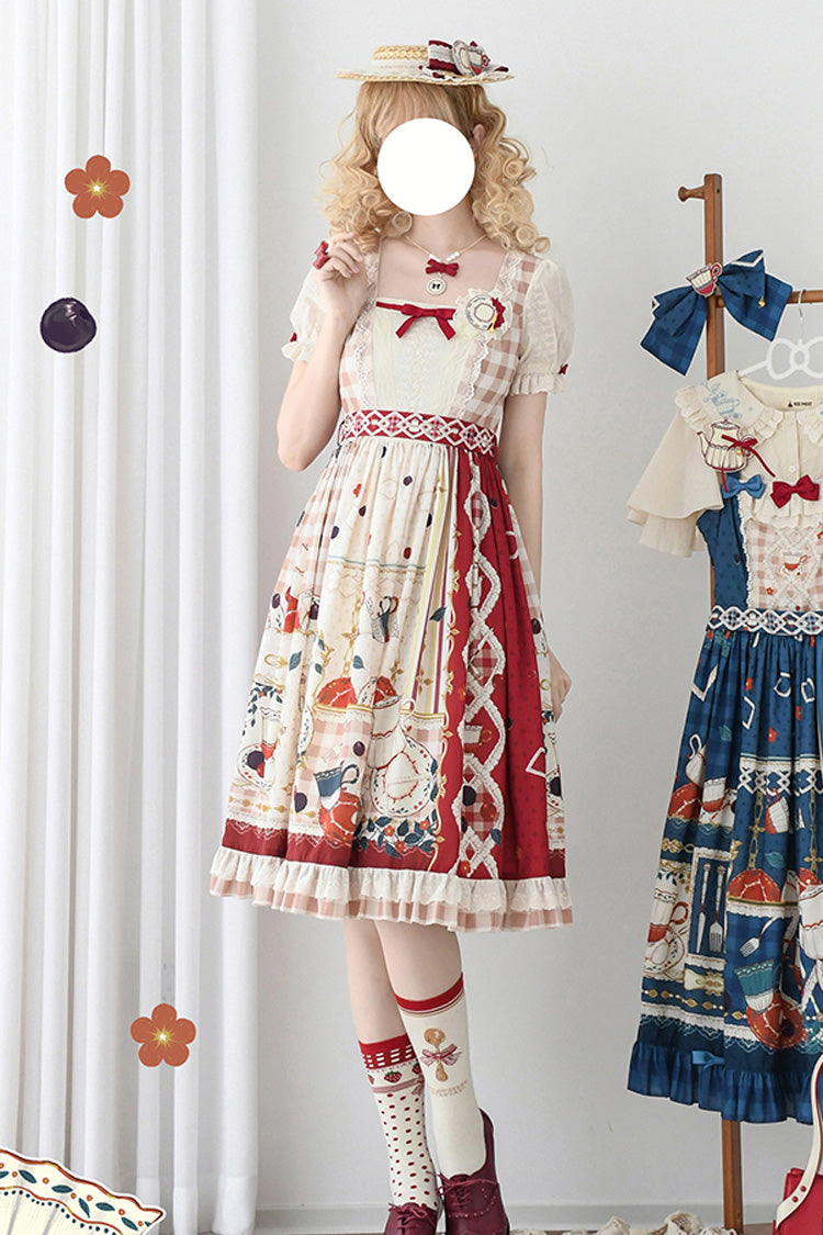 Red Tea Party Short Sleeves Print Ruffle Bowknot Lace Sweet Elegant Lolita Dress