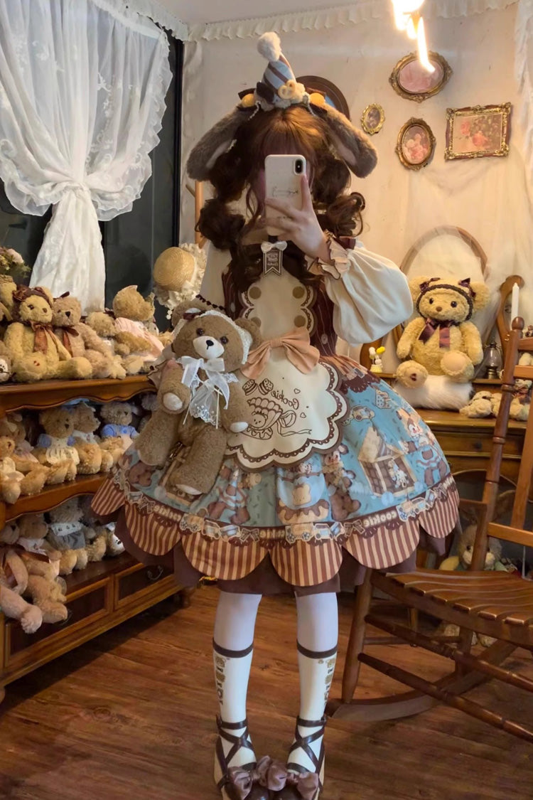 Bear Cookie Sleeveless Print Bowknot Sweet Lolita Jsk Dress Set 2 Colors