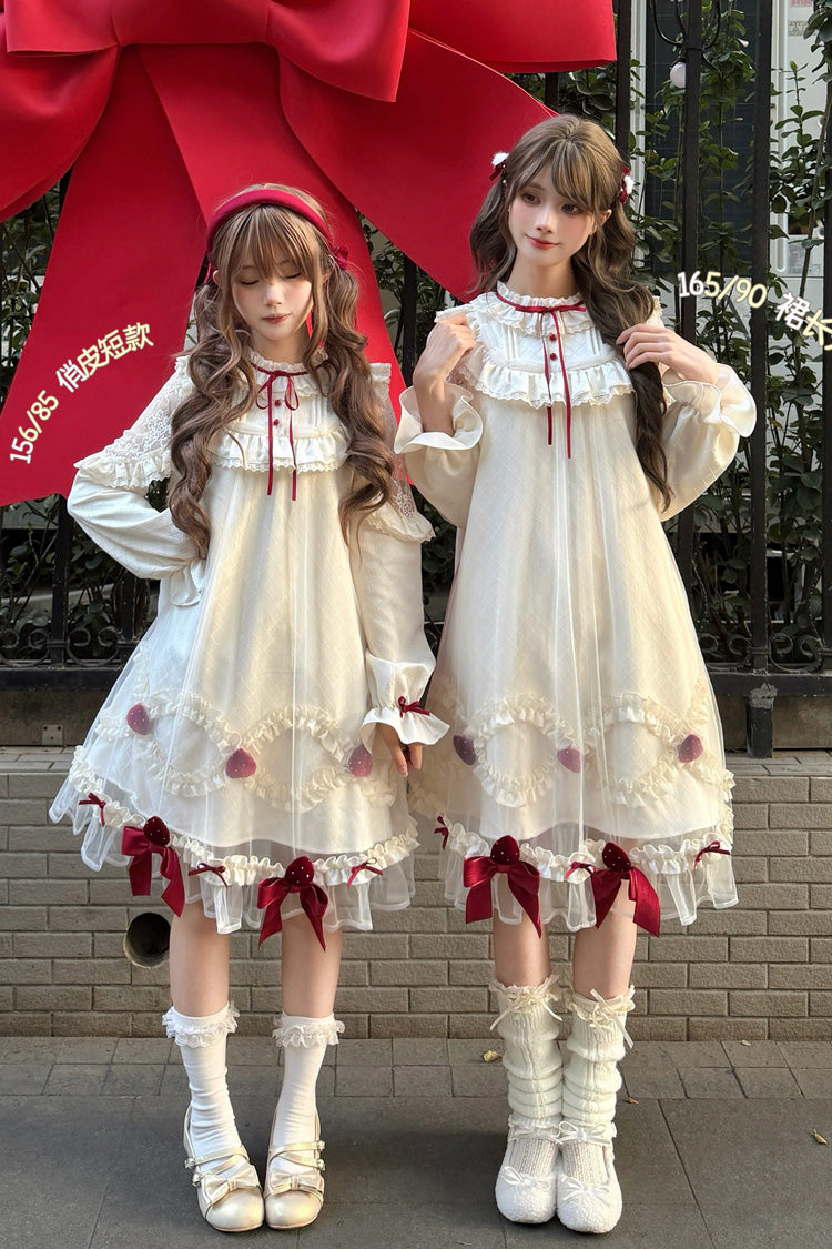 Ivory Strawberry Cream Cake Stand Collar Long Sleeves Ruffled Bow Lace Sweet Lolita Dress