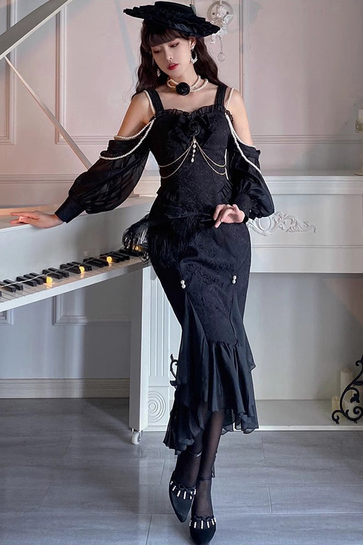 Black Camellia 1.0 Sleeveless Jacquard Ruffle Lace Gothic Chinese Style Lolita Jsk Fishtail Dress