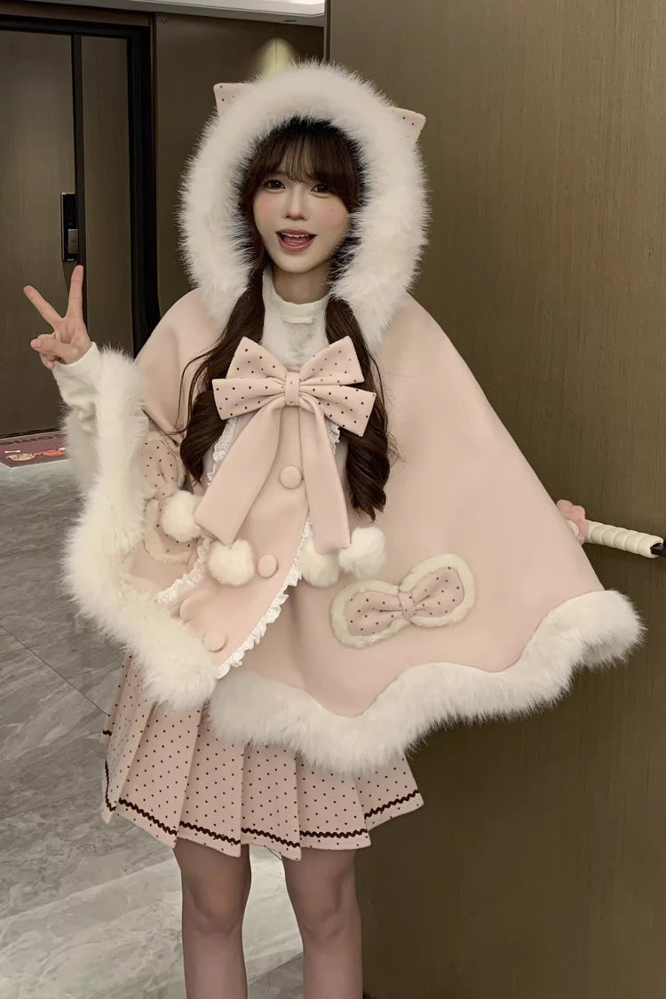 Pink Sea Salt Guava Polka Dot Printed Ruffled Bow Hooded Sweet Princess Lolita Dress Cloak Set