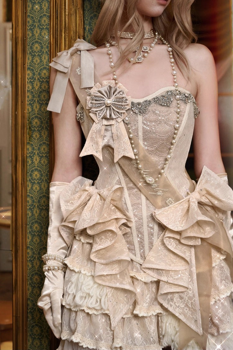 Light Brown Slavic Noble Lady Sleeveless Multi-Layered Sparkling Diamonds Ruffled Bow Lace-Up Irregular Gothic Elegant Lolita Skirt & Corset Set