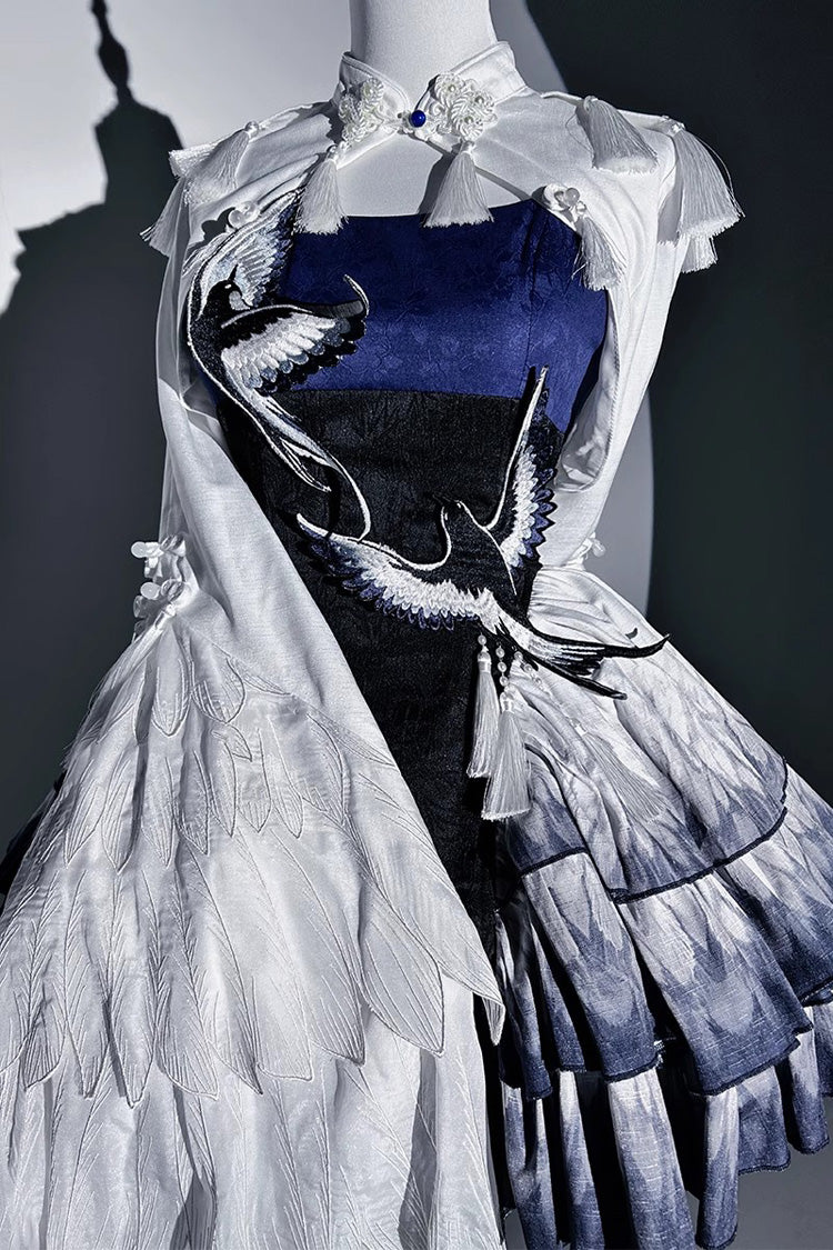 Dark Blue Feathered Finch Multi-Layered Print Ruffle Classic Chinese Style Lolita Jsk Dress Set