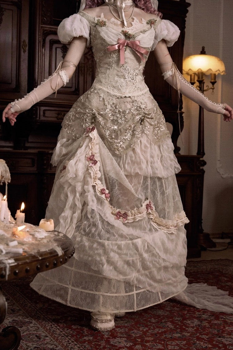 Light Brown Cupid's Poetry Box Ruffle Embroidery Bowknot Lace Classic Elegant Lolita Long Skirt