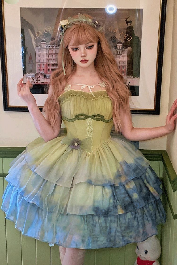 Green Gradient The Forty-Fourth Sunset Oil Painting Triple-Layered Ruffle Bowknot Sweet Lolita Jsk Dress