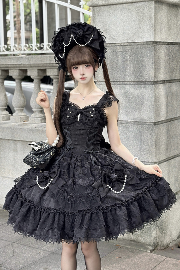 Black Rose Princess Sleeveless Ruffle Bowknot Lace Lace-Up Gothic Ballet Lolita Jsk Dress