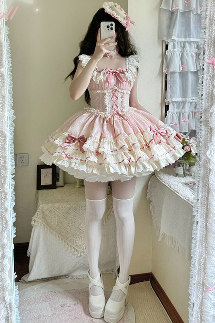 Pink Flory Butterfly Double-Layered Ruffle Bowknot Lace Lace-Up Sweet Ballet Lolita Jsk Dress