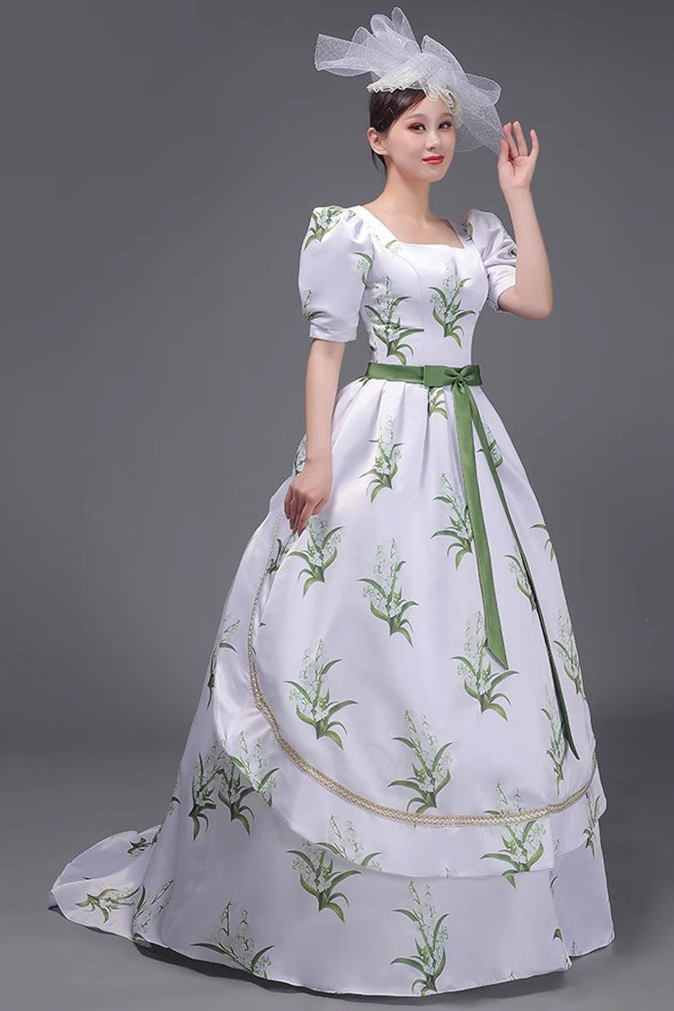 White/Green European Court Short Sleeves Flowers Grass Print Sweet Vintage Victorian Dress