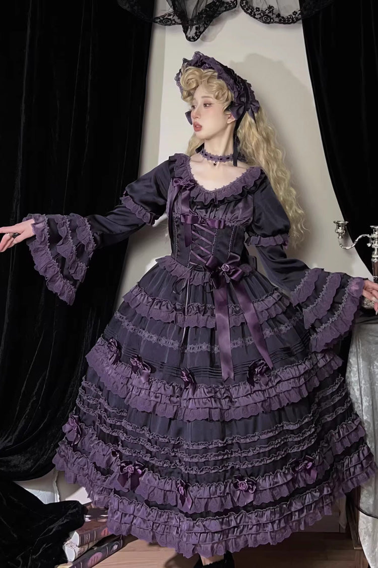 Purple Layered Blackcurrant Short Sleeves Ruffle Bowknot Lace Sweet Lolita Dress