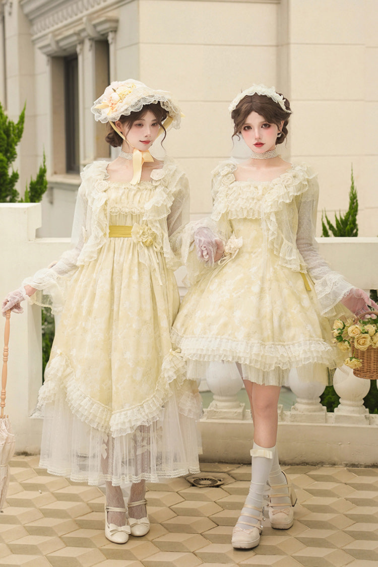 Yellow Falling Flowers as a Message Square Collar Flying Sleeves Print Ruffle Lace Sweet Elegant Lolita Short Dress