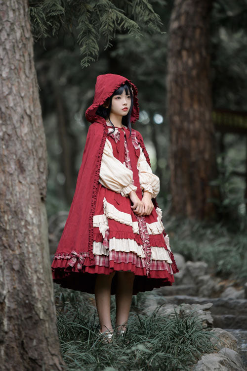 Little Red Riding Hood Lapel Collar Christmas Bowknot High Waisted Multi-Layer Ruffled Sweet Lolita OP Dress
