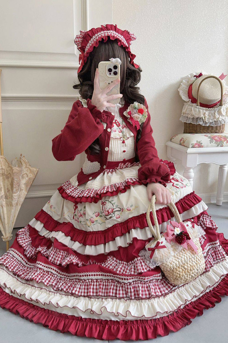 Red Strawberry Basket Square Collar Multi-Layered Printed Ruffled Embroidered Bow Sweet Lolita Jsk Dress