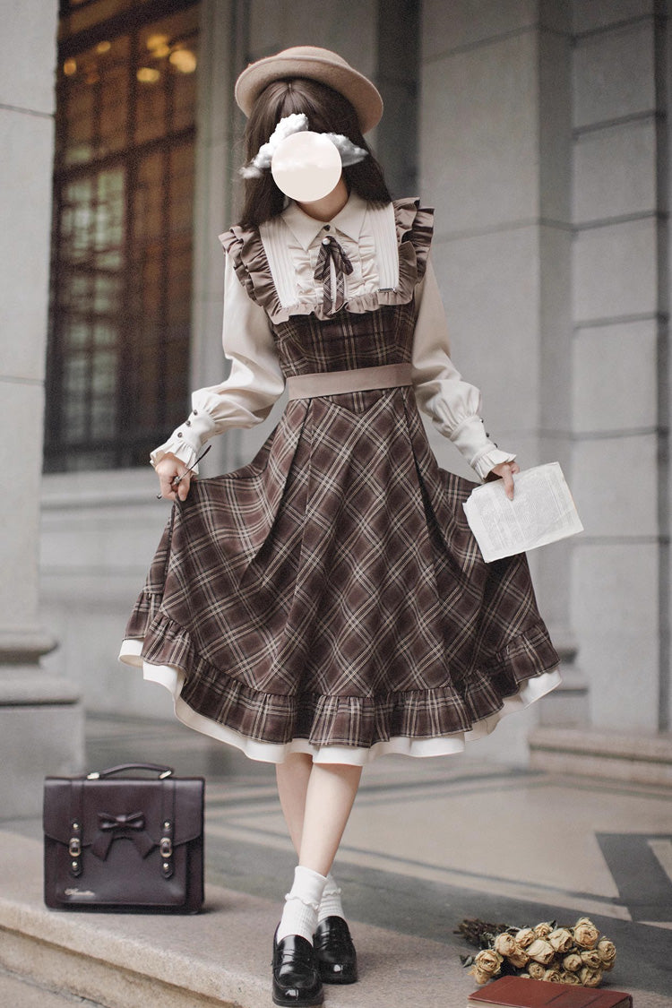 Brown The Thames at Dusk Print Long Sleeves Ruffle Fake Two Pieces Vintage College Style Lolita Dress