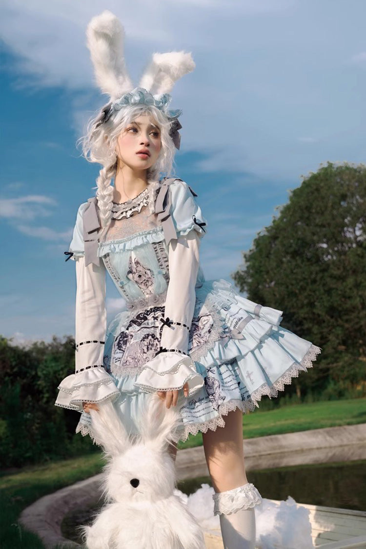 Light Blue Doll Theater Short Sleeves Print Ruffle Lace Sweet Lolita Dress
