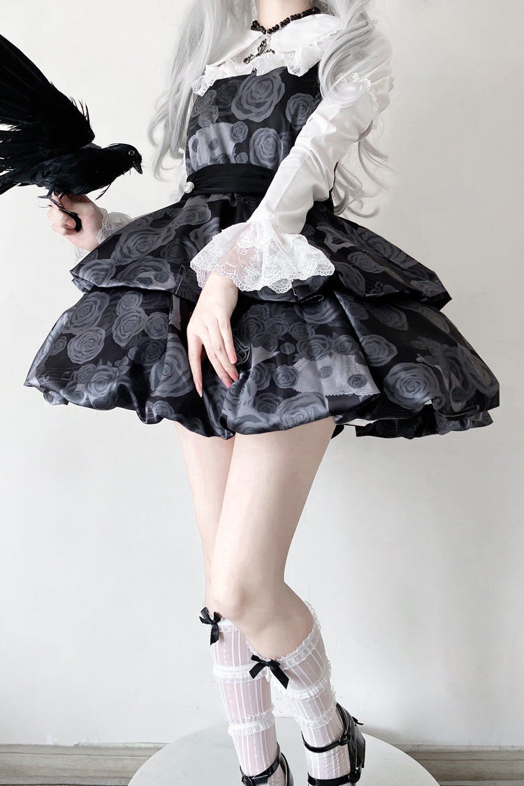 Black Rose Print Two-layer Bowknot Gothic Lolita Jsk Dress