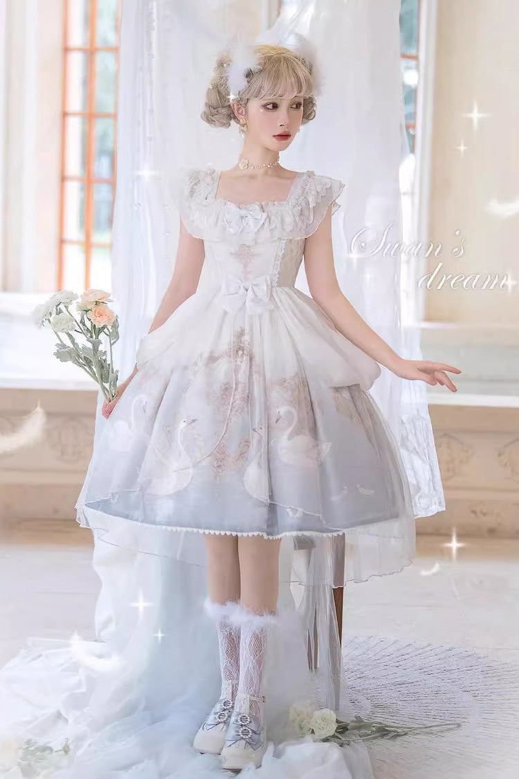 White/Blue Flower and Letter Swan Lake Print Ruffle Bowknot Elegant Lolita Jsk Dress