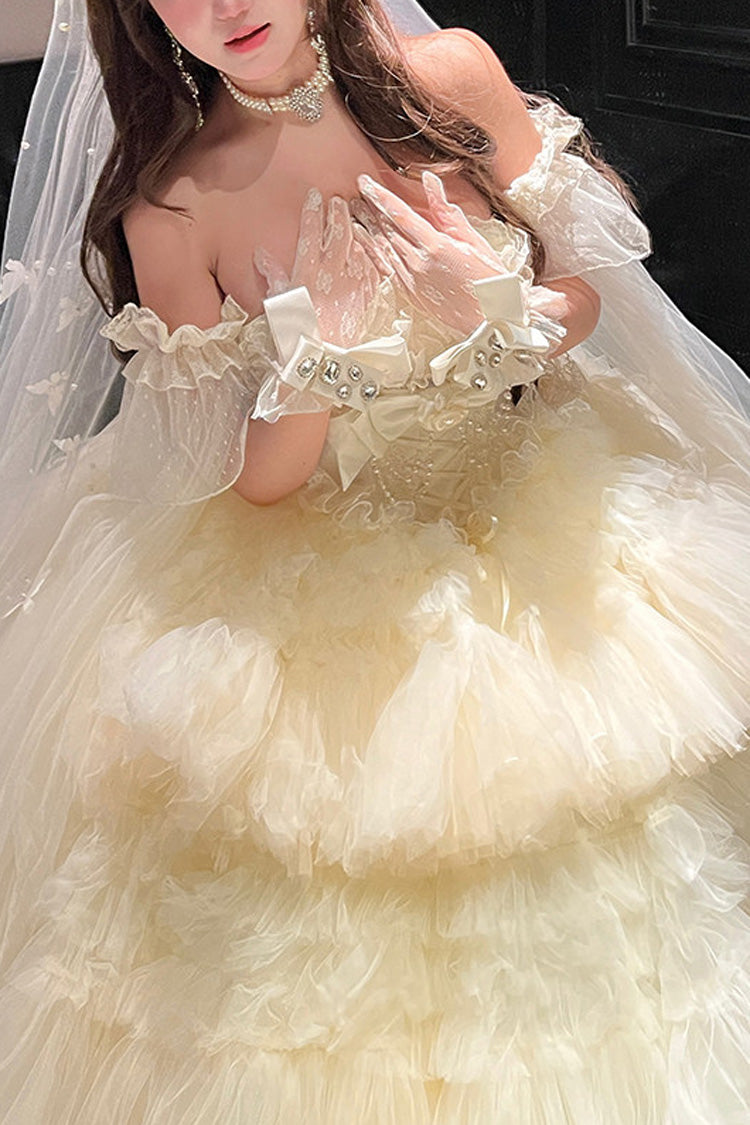 White Maiden's Love Off Shoulder Triple-Layered Ruffled Hanayome Bow Lace Sweet Princess Lolita Dress