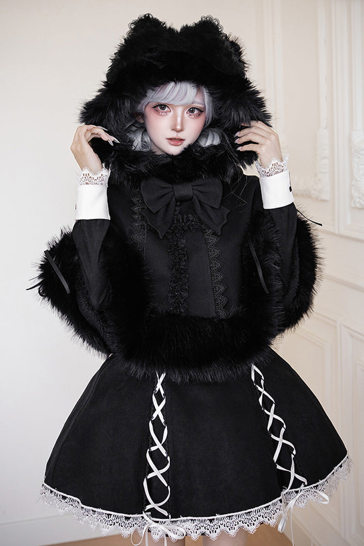 Black/White Rose Doll Square Collar Long Sleeves Bowknot Lace-Up Gothic Lolita Dress Set 2 Versions