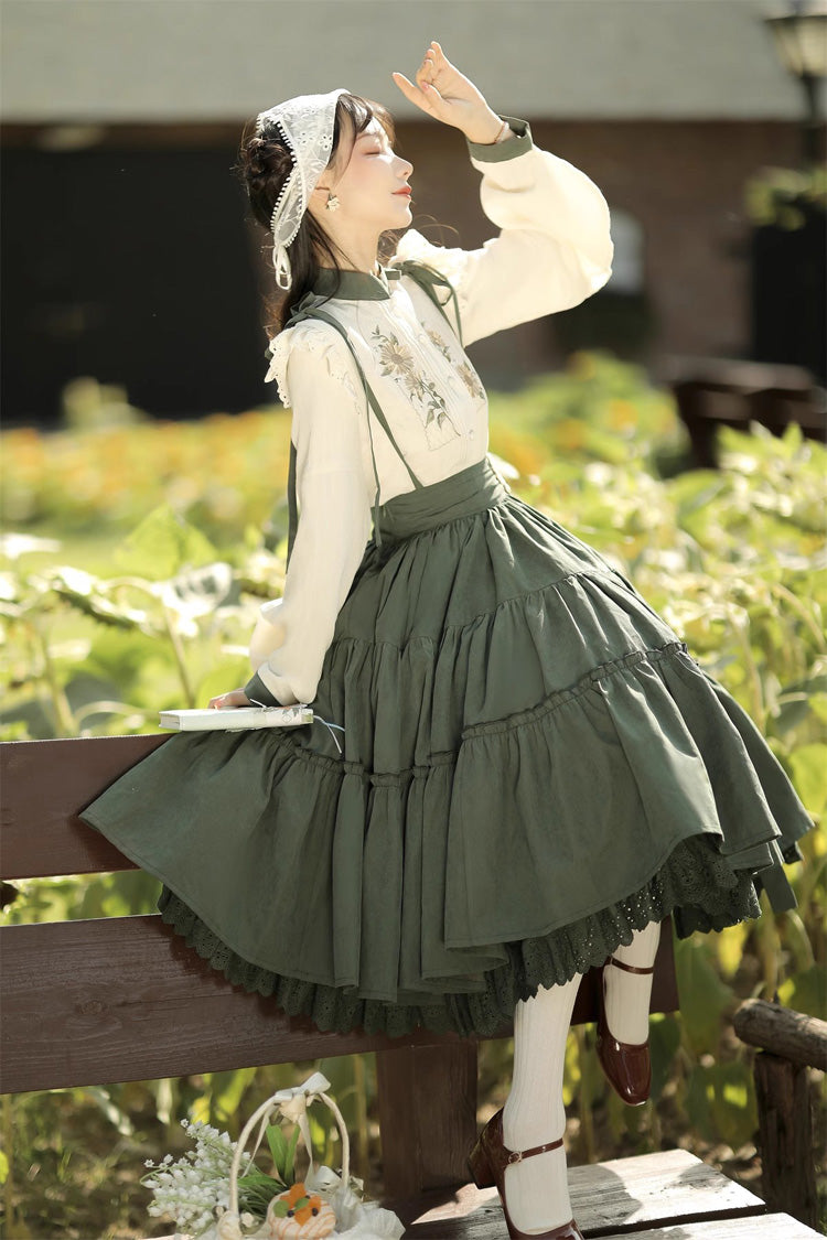 White/Green Country Style Midsummer Sunflower Sweet Lolita Skirt Two-Piece Set