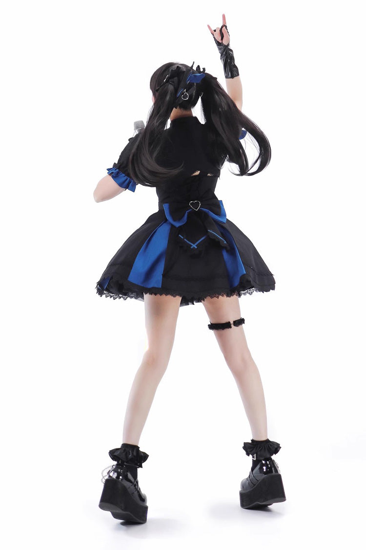 Black/Blue Night Liana Ruffle Bowknot Lace-Up Sweet Japanese Lolita Jumper Dress Set