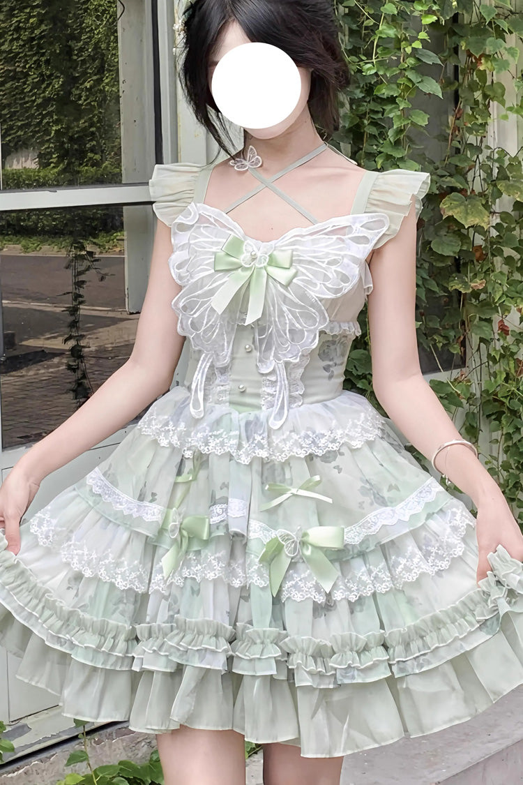 Green Promise of the Blooming Season Print Ruffle Bowknot Lace Sweet Princess Lolita Jsk Dress