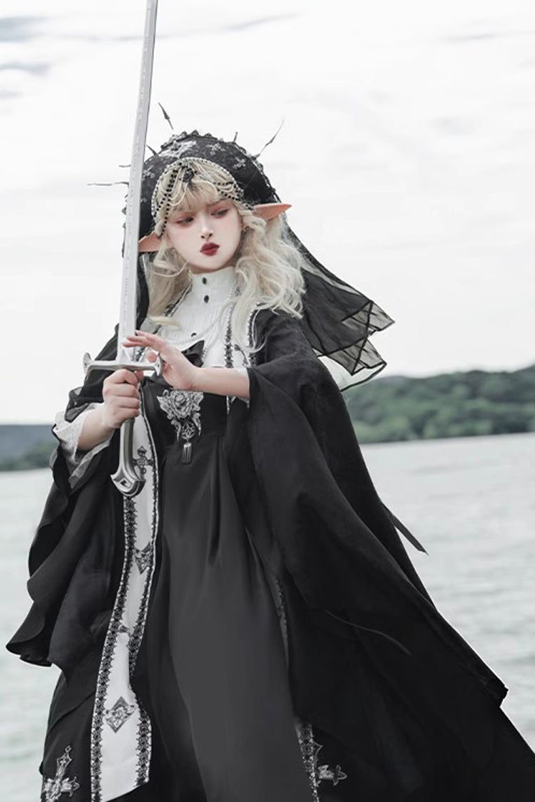 Black Cross Nun Stand Collar Off Shoulder Print Bowknot Gothic Elegant Lolita Dress