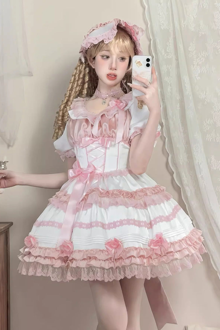 White/Pink Layered Peach Ice Short Sleeves Ruffle Bowknot Lace Sweet Lolita Dress