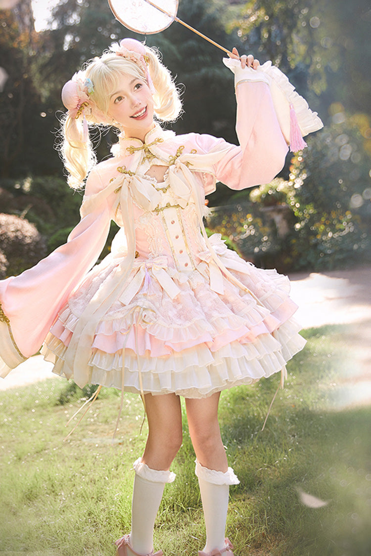 Pink White Pear Dream Multi-layer Ruffle Lace Sweet Chinese Style Princess Lolita Jsk Dress