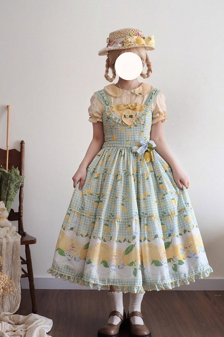 Green Lemon Chicken Print Ruffle Bowknot Lace Sweet Lolita Jsk Long Dress